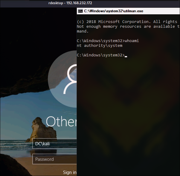 RDP login screen with Utilman exploit